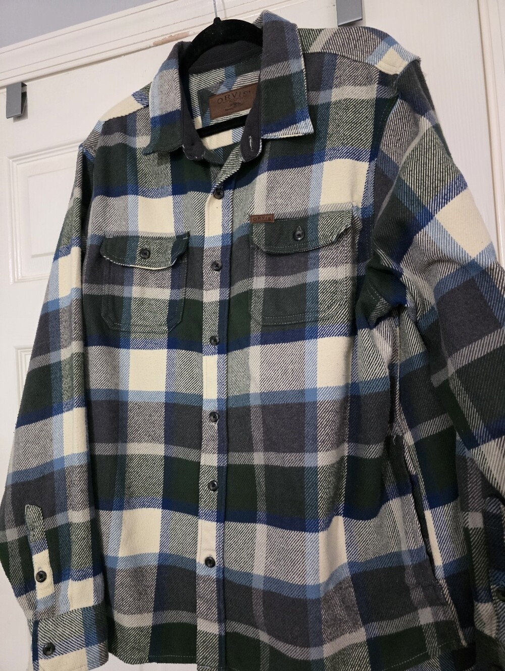 Orvis Shirt Men Green Blue Gray Plaid Heavy Flannel Button Up Outdoor Shacket XL
